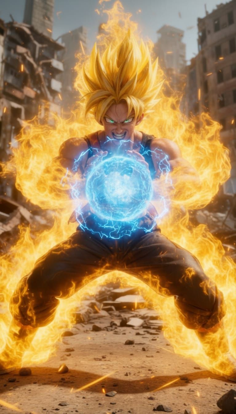 Muscular Man Unleashes Blue Energy Blast in Smoky City