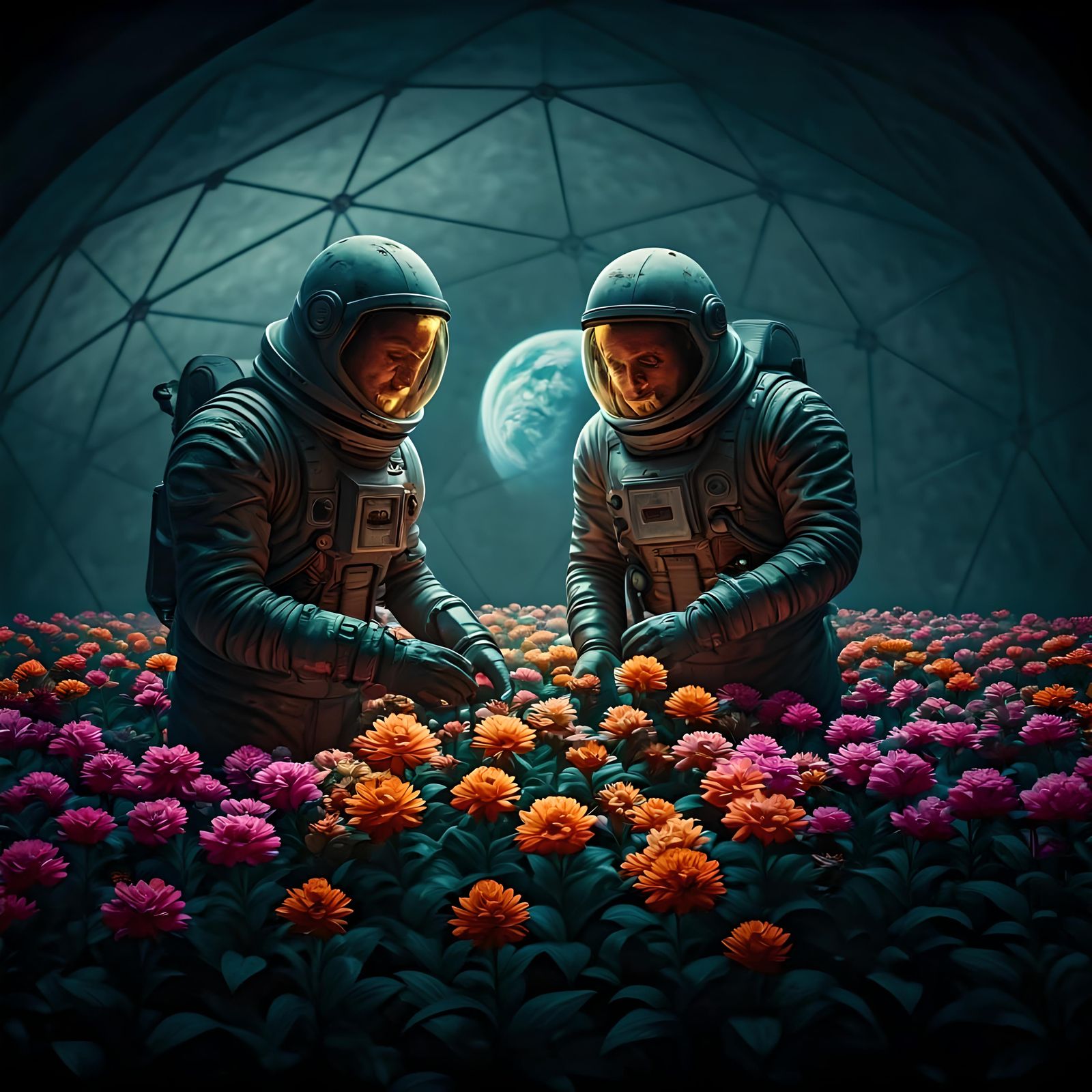 Lunar Gardeners: Men Tending Flowers on the Moon