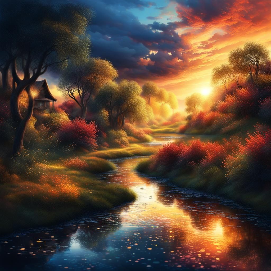 Epic Sunset Stream in Digital Matte Painting