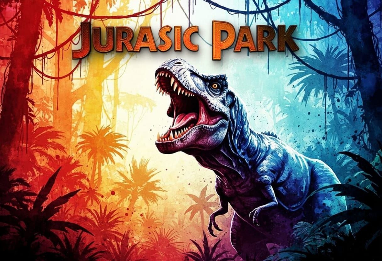 Jurassic Park Poster: T-Rex Roars in Watercolor Jungle