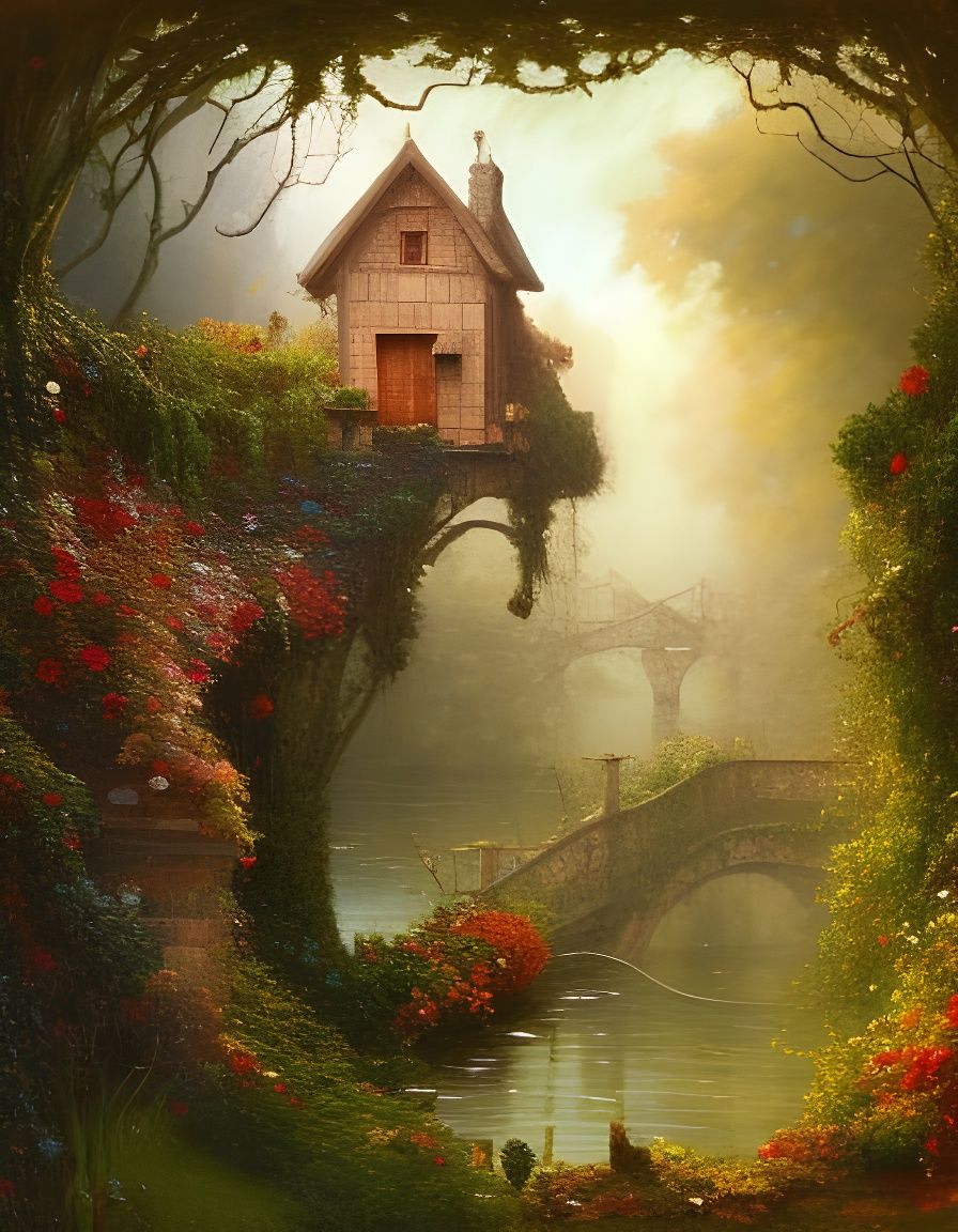Fairytale Cabin on Vine Bridge, Impasto Oil Painting