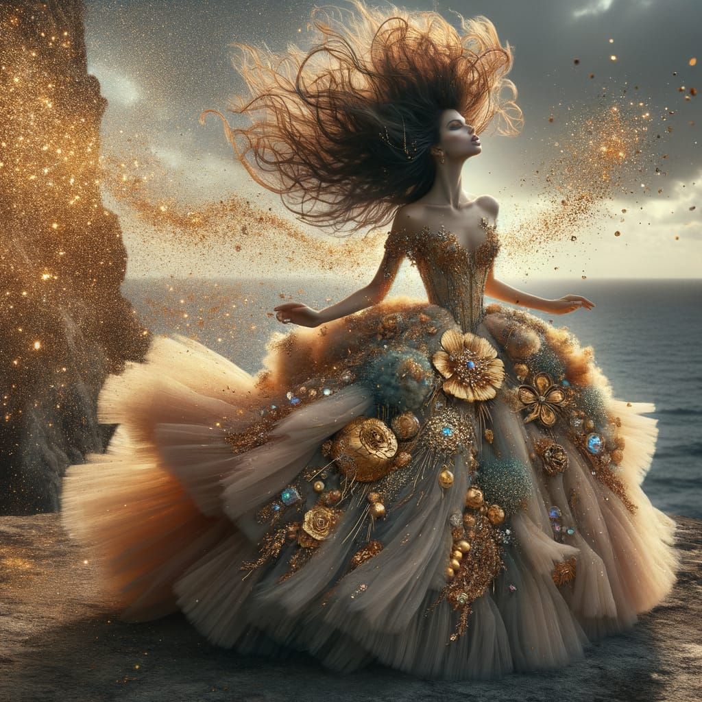 Woman on Cliff in Billowing Dress