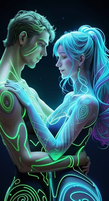 Cosmic Lovers Embracing in Neon Glow