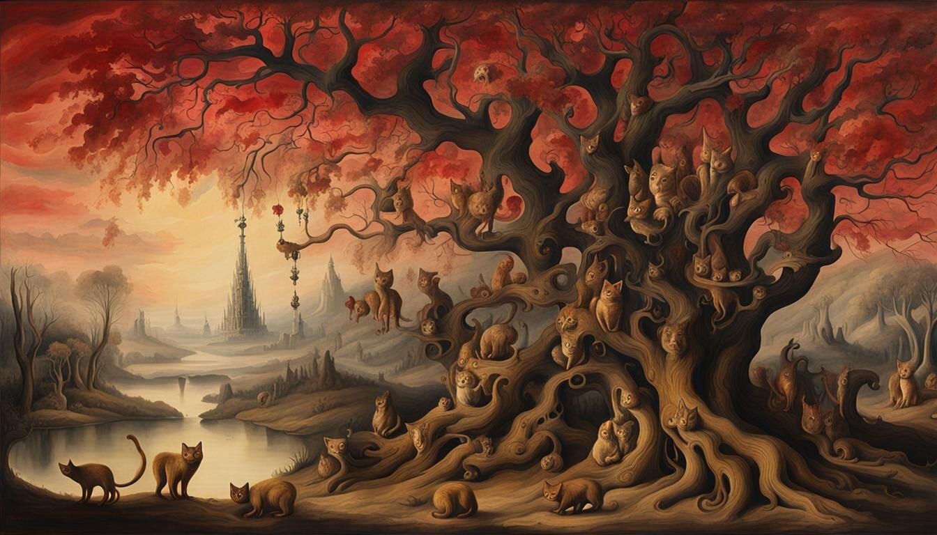 Surreal Wood-Cat Landscape in Watercolor Wash