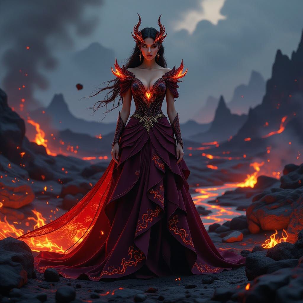 Dragon Princess in Volcanic Landscape, Hyper-Realistic Illus...