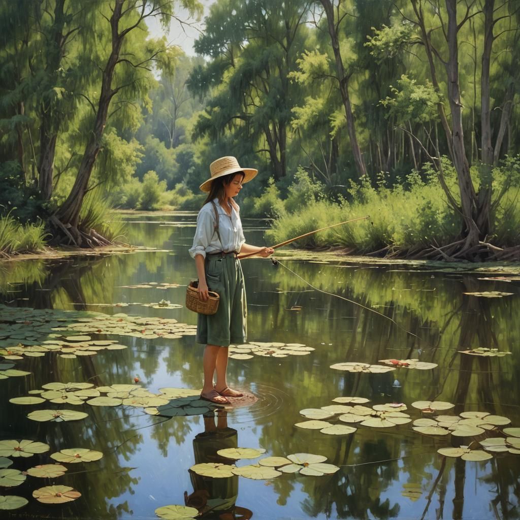 Girl Fishing: Realistic Oil Painting by Gurney
