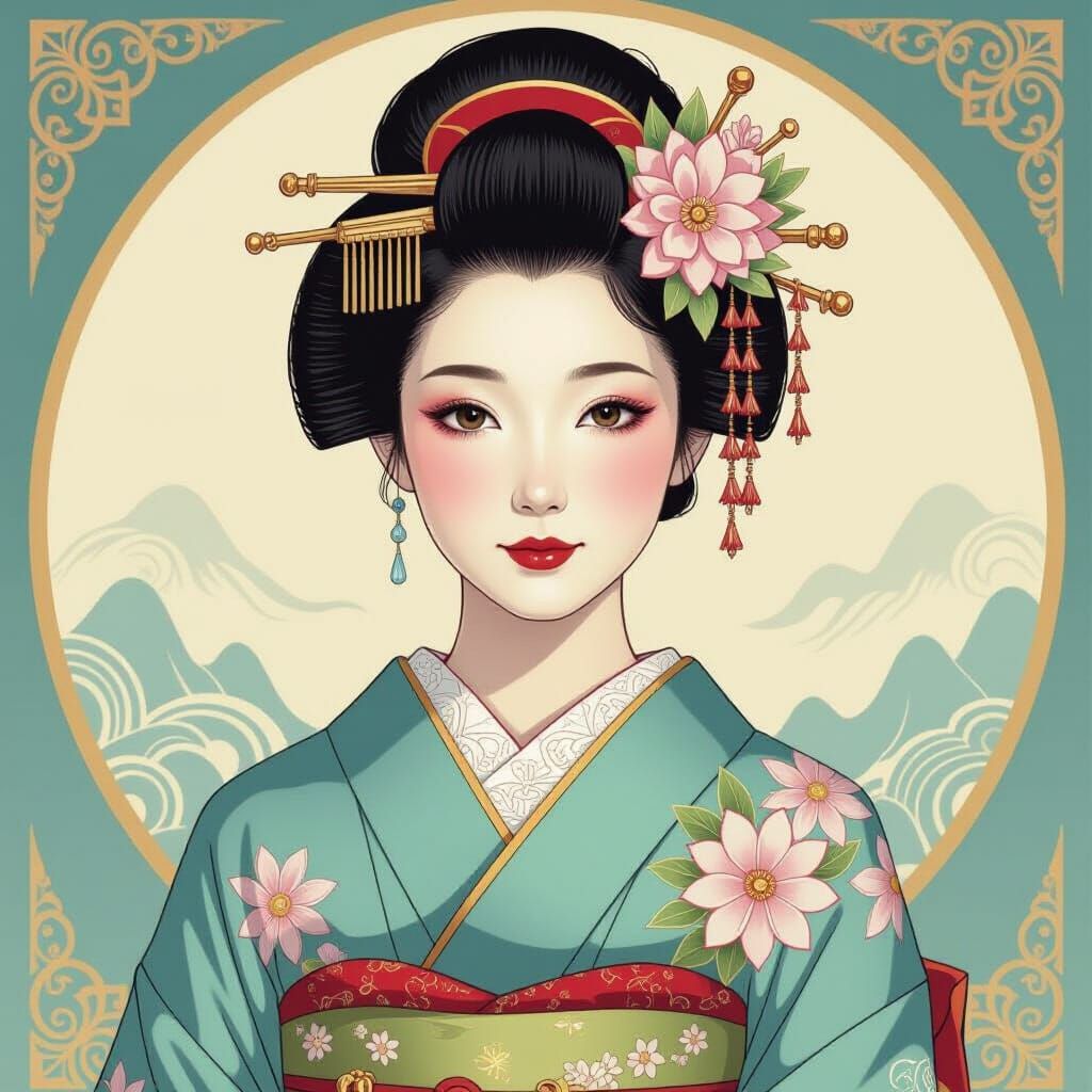 Elegant Geisha Portrait in Art Nouveau Style