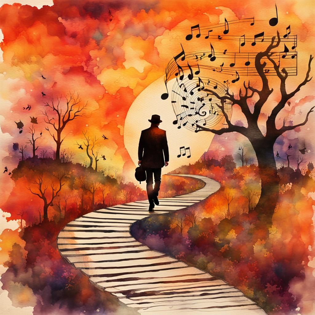 Man Walks Guitar Path: Double Exposure Watercolor Art