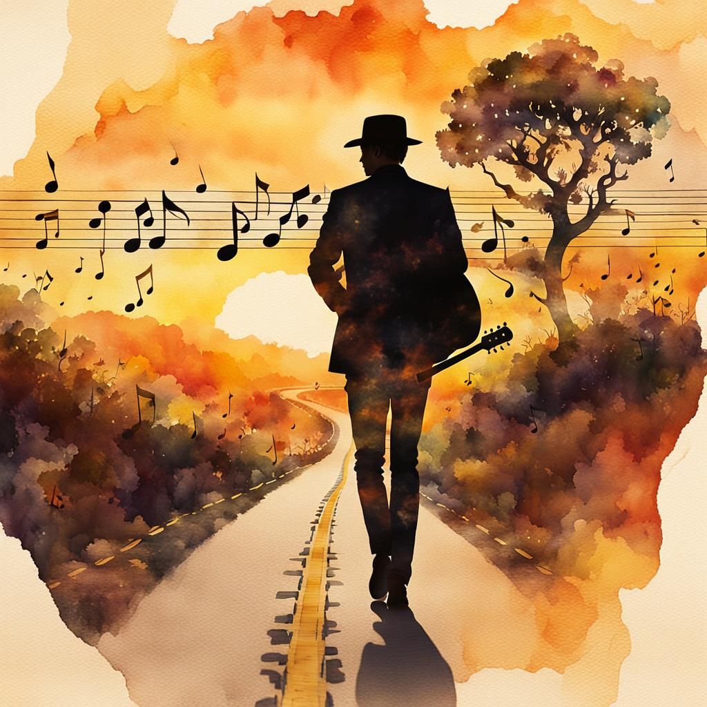 Guitar Silhouette Double Exposure in Watercolor Style