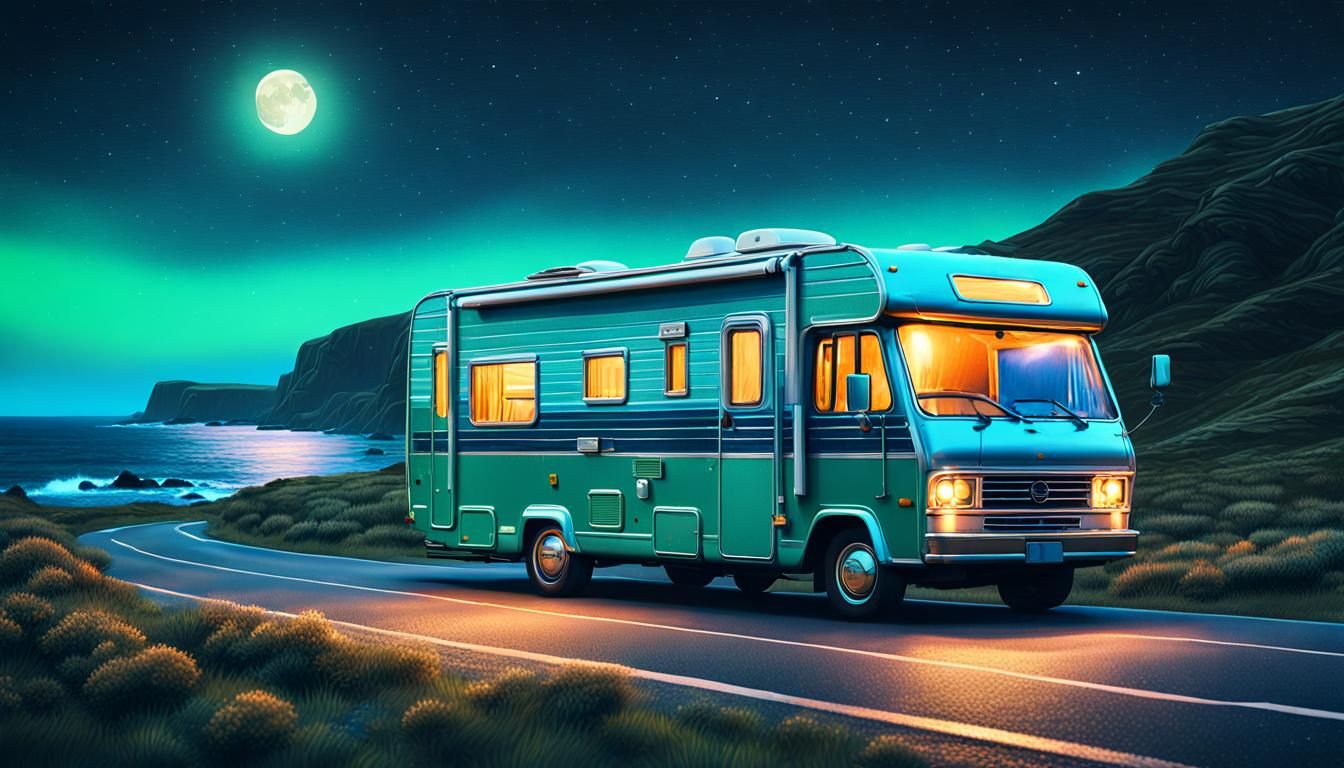 Coastal Road Trip: Motorhome Under Moonlight