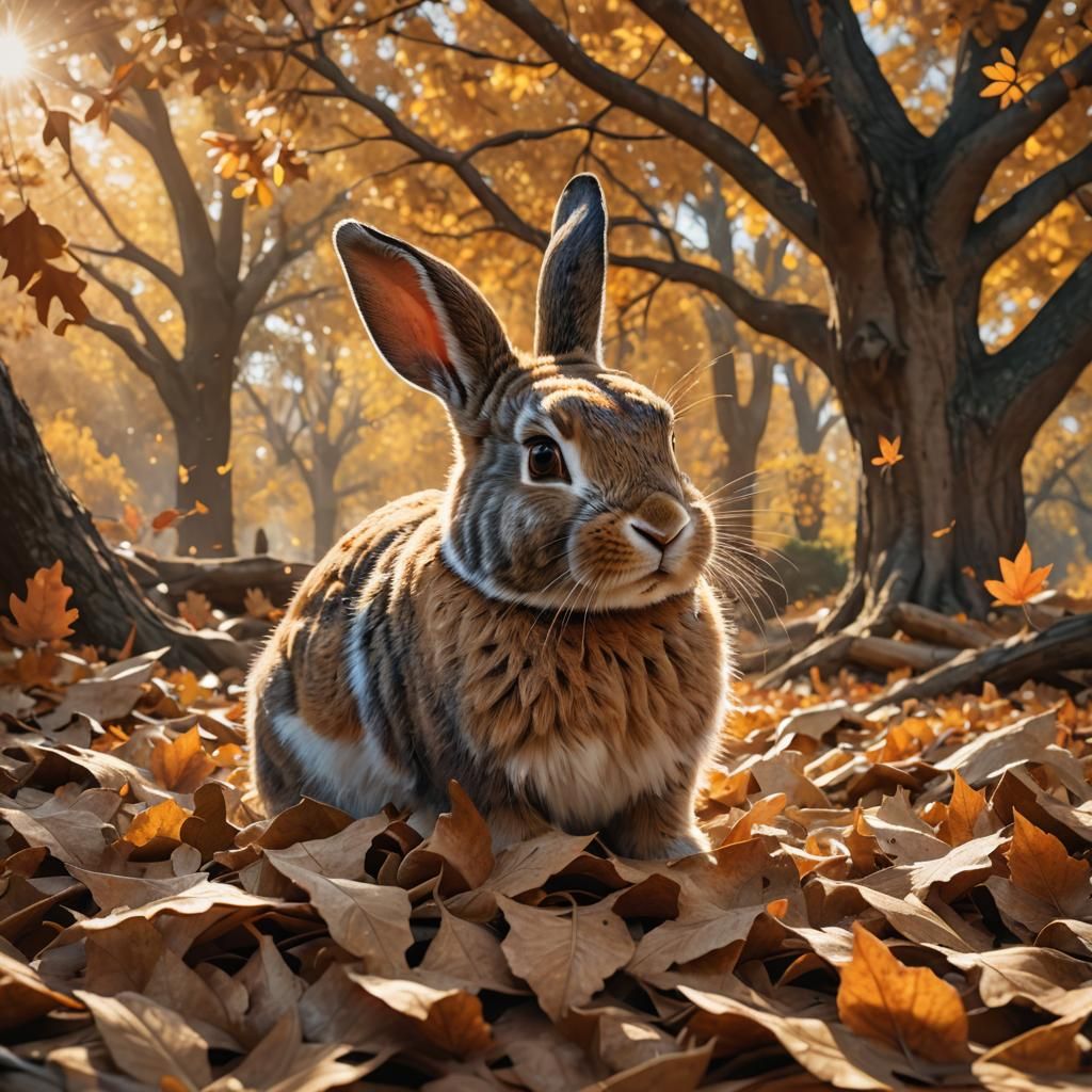 Rabbit in Autumn Leaves, Photorealistic Digital Art