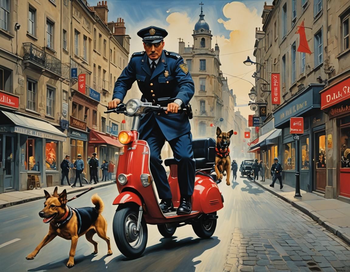 Police Chase on Mobility Scooter, Surreal Gouache