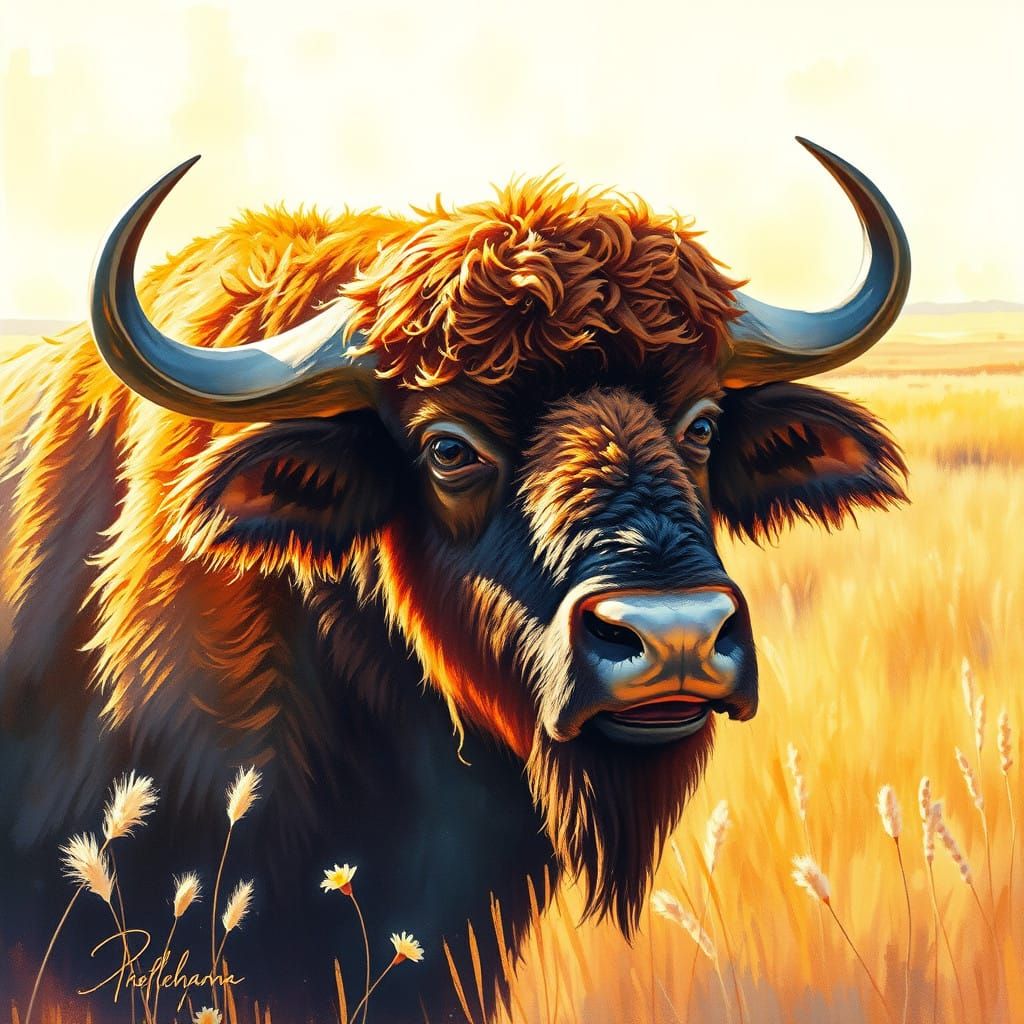 Impressionist Buffalo Portrait in Warm Watercolor Strokes