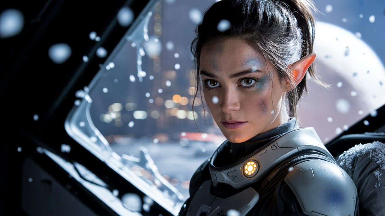 Elfin Pilot in Damaged Cockpit Amidst Snowfall