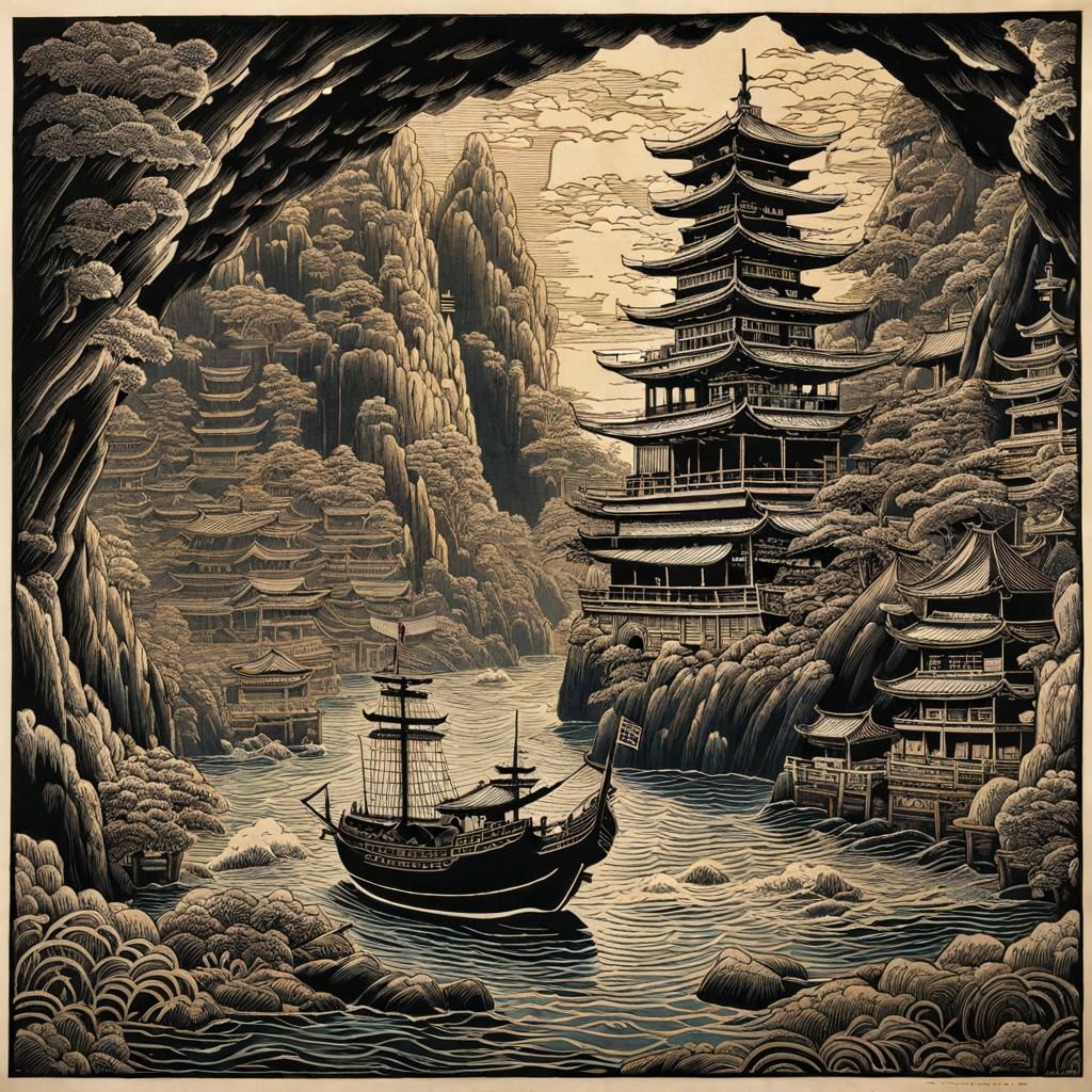 Pirate Ship Cave Hideout: Japanese Woodblock Print