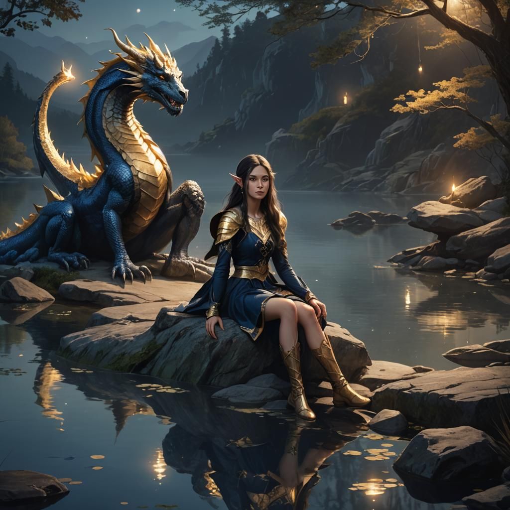 Elf Maiden and Dragon in Moonlit Fantasy Art