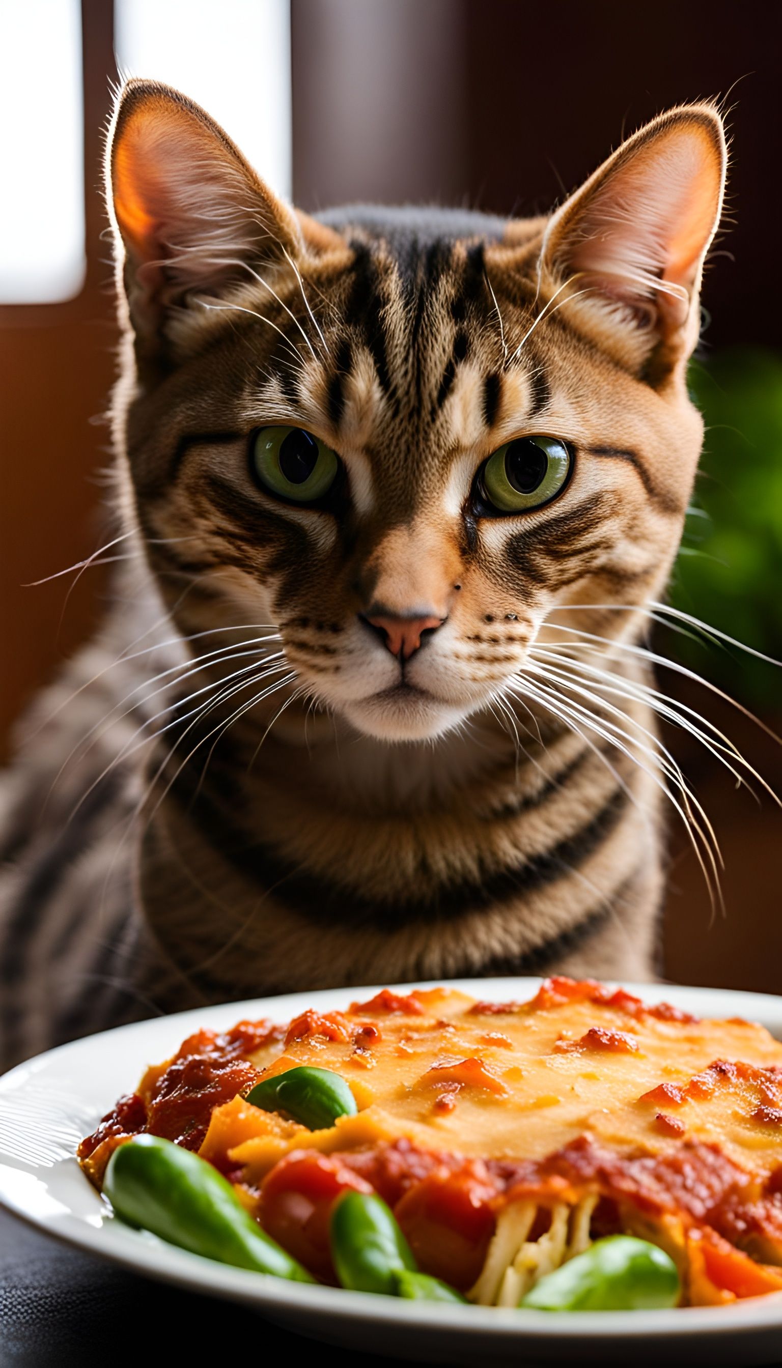Cat Enjoying Veggie Lasagna: Hyperrealistic 32k Photo