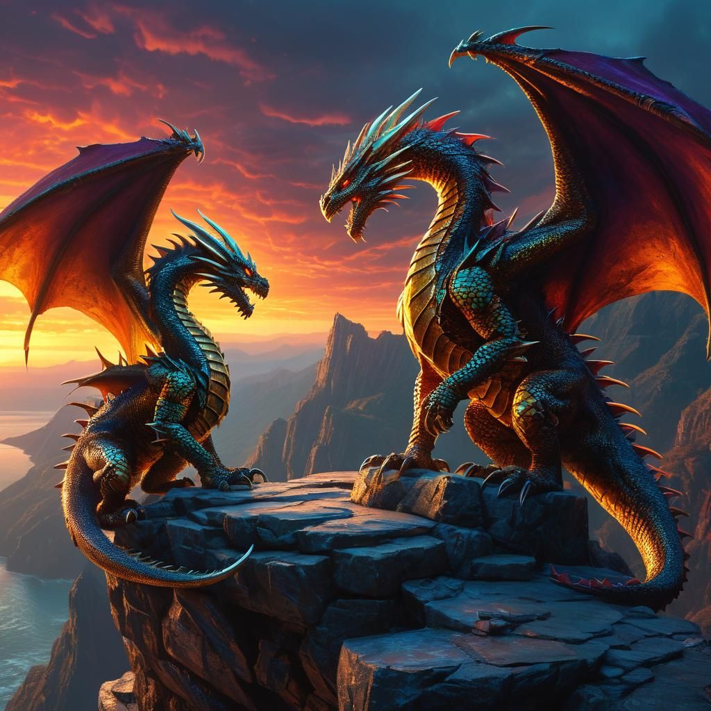 Dragon and Warrior Face Off on Mystical Cliffside