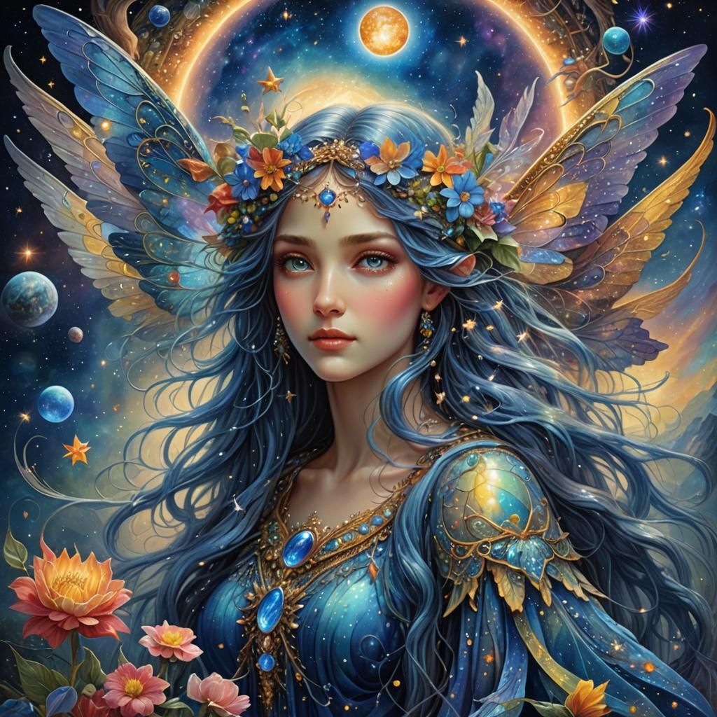 Blue-Haired Fairy with Crystal Flowers and Planets