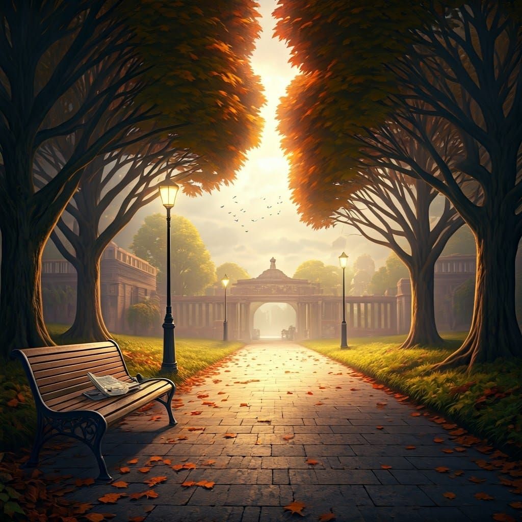 Atmospheric Autumn Park with Lightning, Digital Art