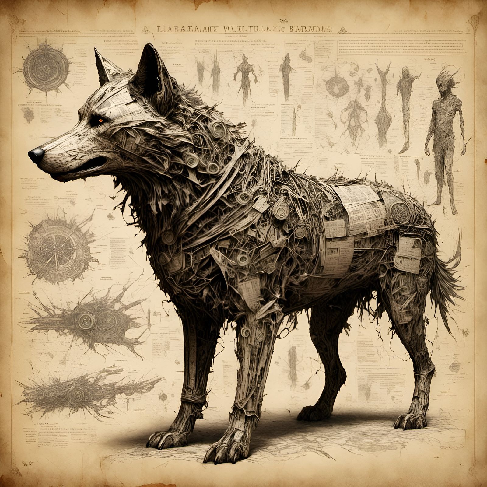 Ornate Wolf Blueprint in 3D Paper Style