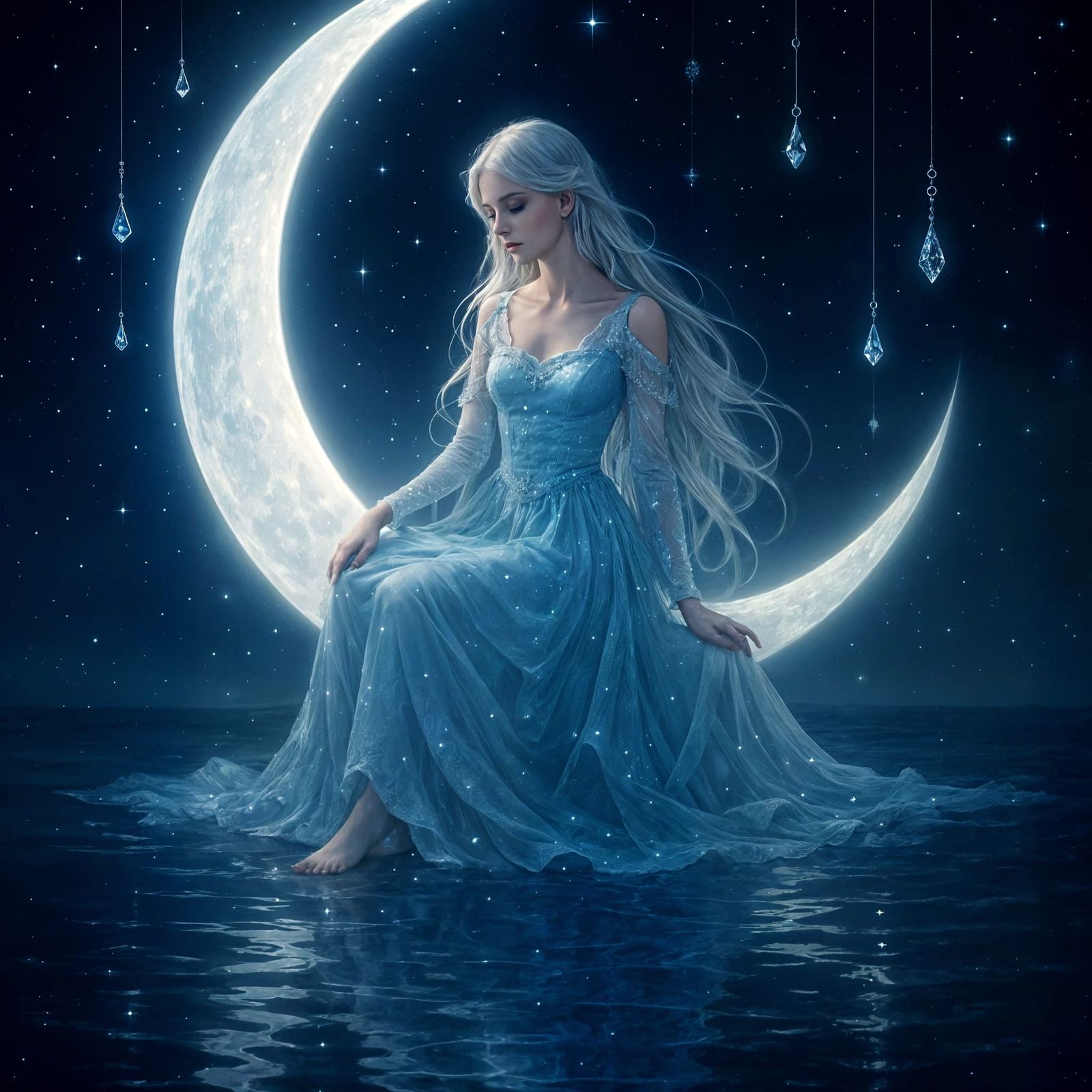 Ethereal Woman on Moon in Dreamy Digital Art
