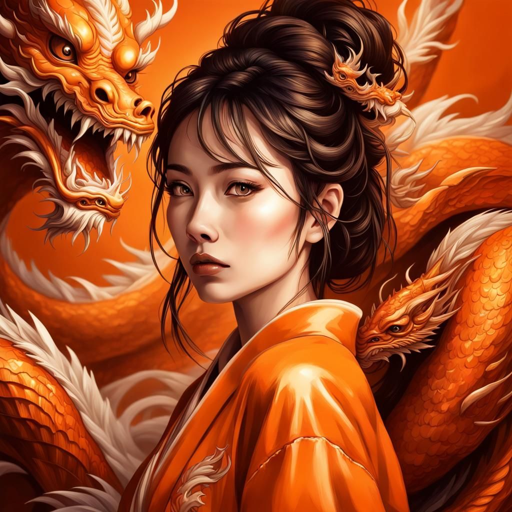 Chinese Dragon and Japanese Woman: Hyperrealistic Splash Art