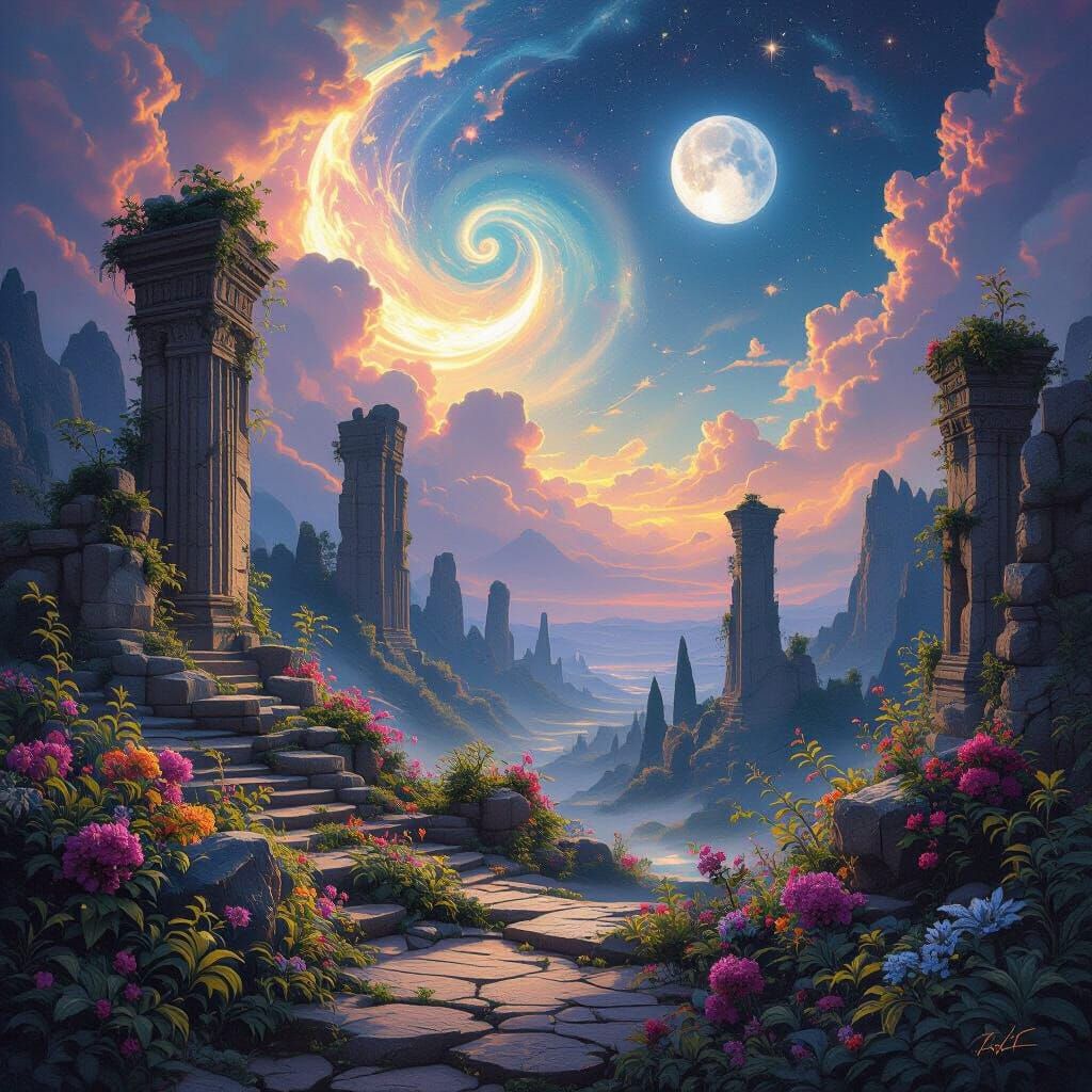 Ethereal Fantasy Landscape with Ancient Ruins and Magical Fl...