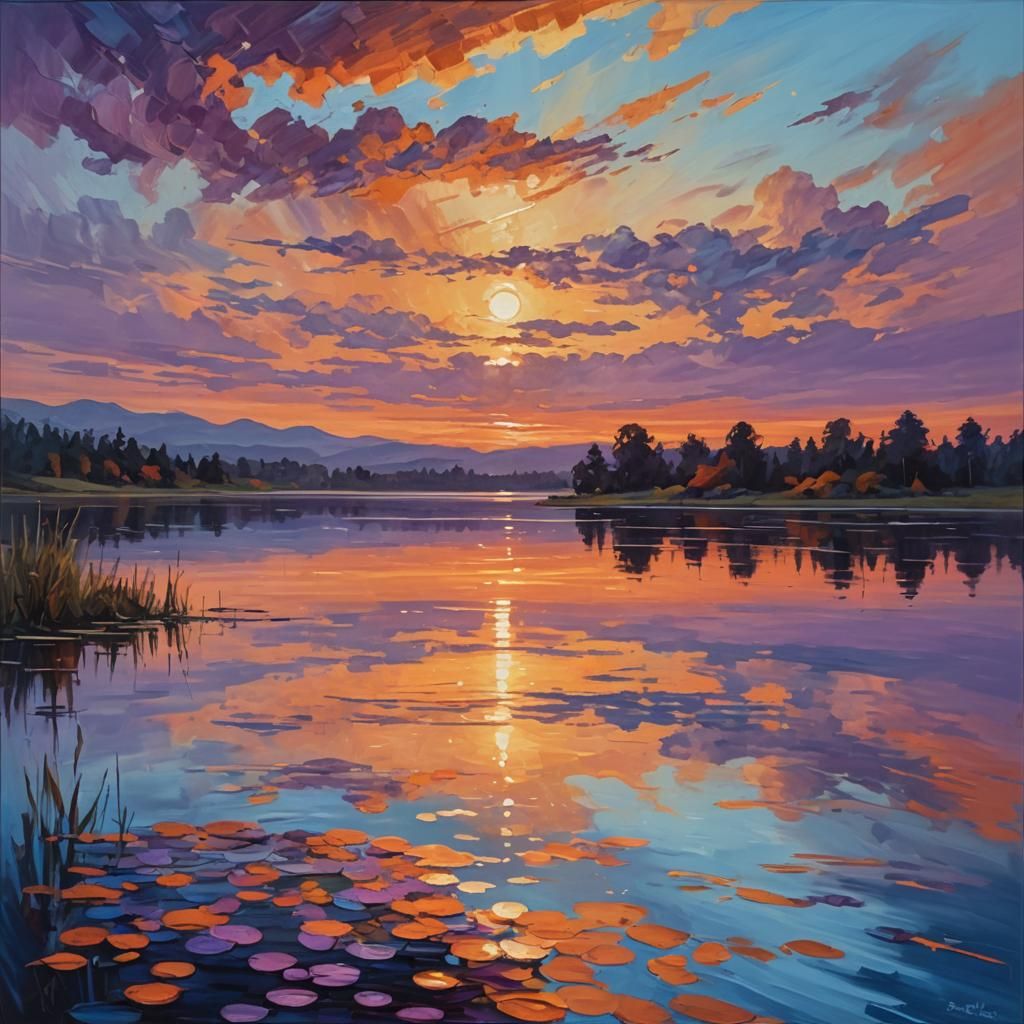 Sunset Lake: Impressionist Oil Painting in Golden Hour