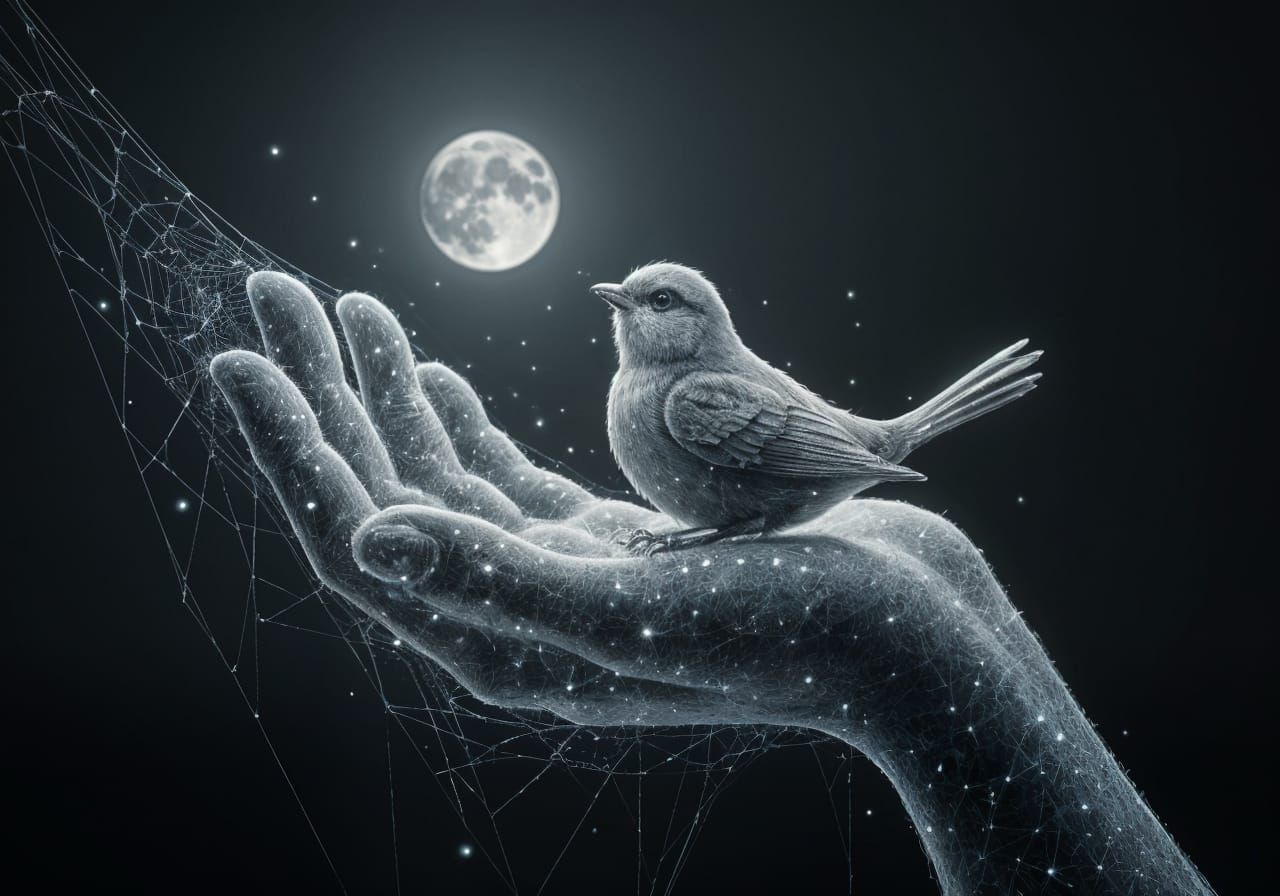 Gossamer Hand Holds Spiderweb Songbird in Moonlight