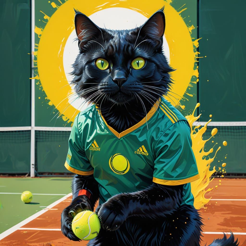 Cat Athlete Serves on Clay Court, Digital Art
