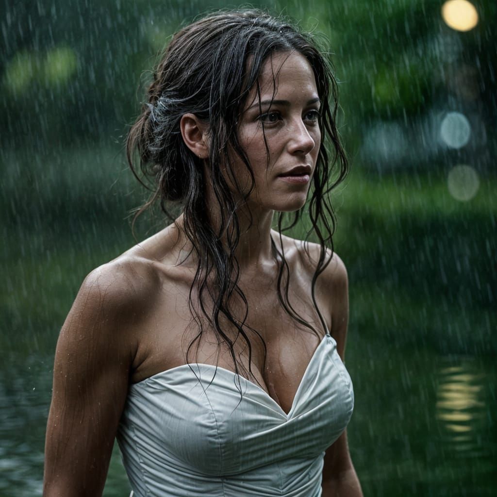 Woman in Wedding Dress in Monsoon Rain