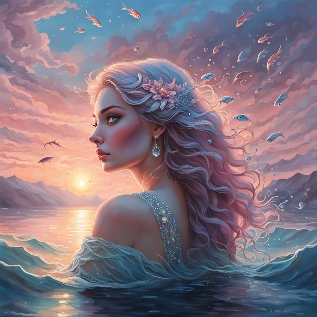 Pastel Siren at Sunset in Dreamy Semi-Realistic Artwork