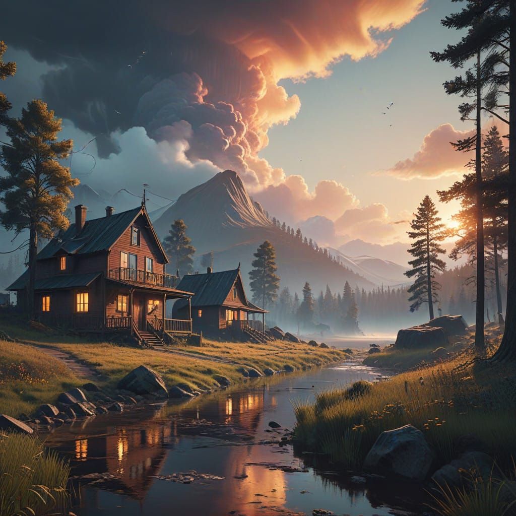 Peaceful Valley Village Basks in Sunset Glory, as if Illumin...