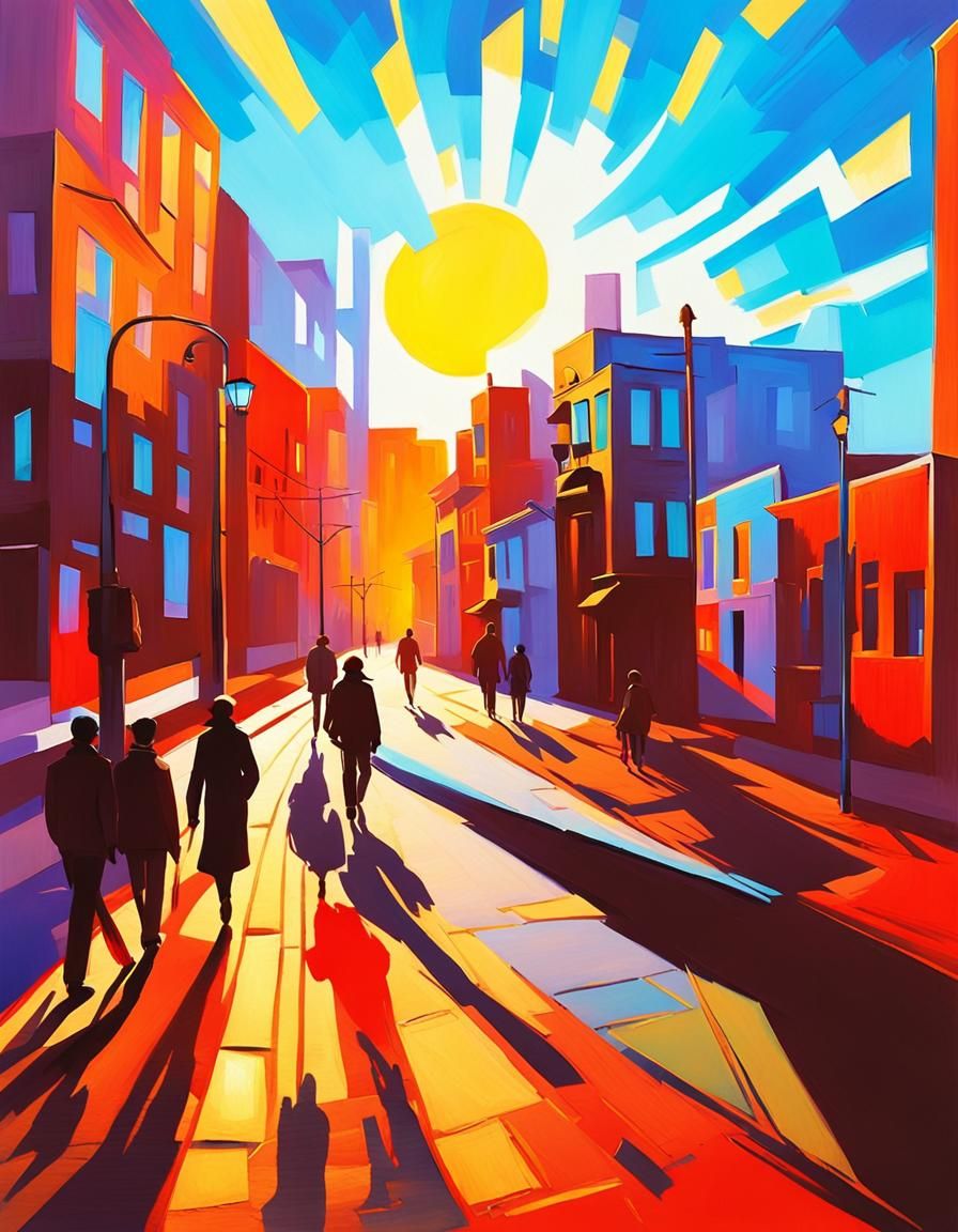 Dawn Cityscape Oil Painting of Three Figures