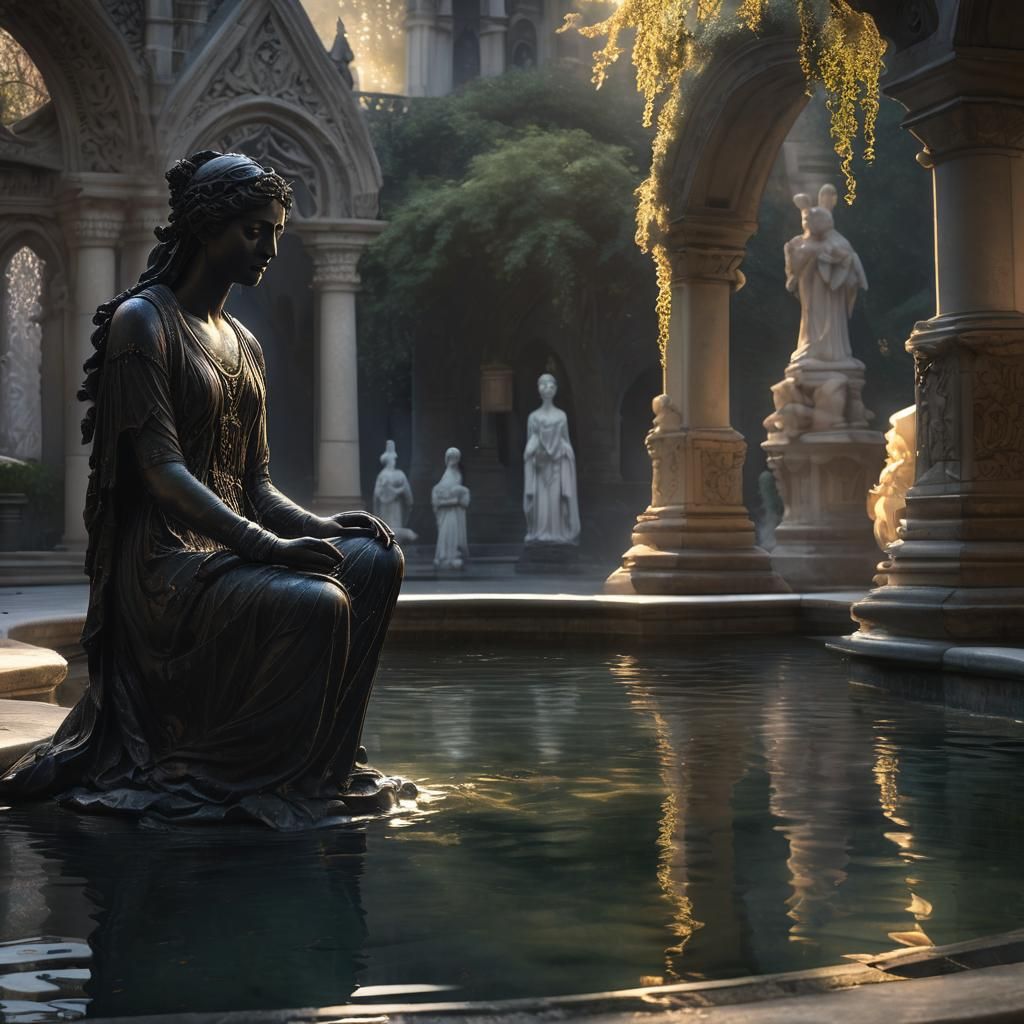 Sorrow and Light: Woman Mourning by Luminous Statue