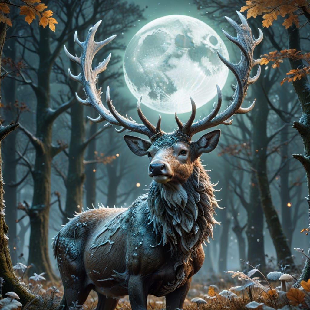 Majestic Stag Antlers Holding Full Moon in Autumn Woodland