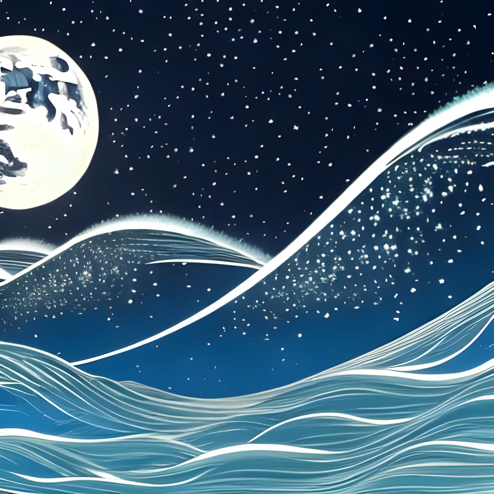 Giant Starry Tidal Wave Under Moonlight