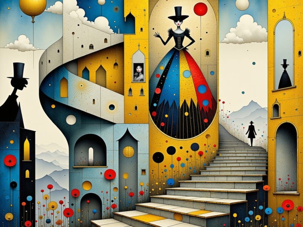 Whimsical Surrealist Queen of Hearts Scene in Klimt-Escher S...