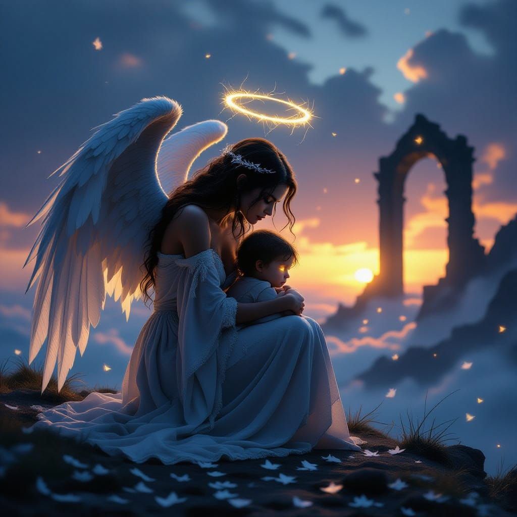 Fallen Angel Kneels on Cliff with Child, Dramatic Lighting
