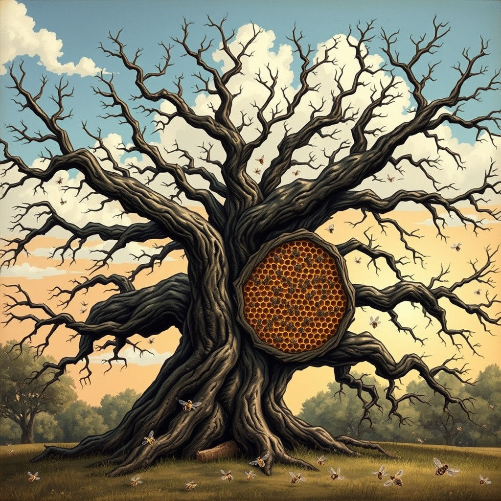 Bee Hive in Old Oak Tree Landscape