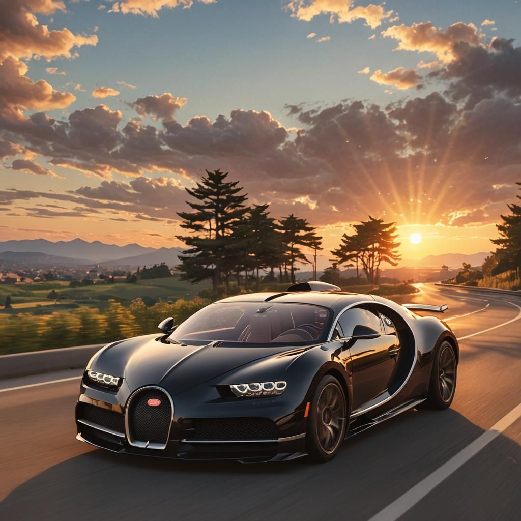 Bugatti at Sunset: Hyper-Realistic 3D Anime Art