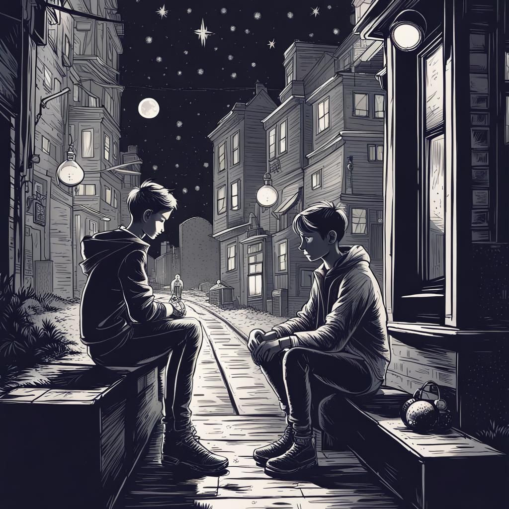 Duotone Illustration of Teenagers in Steampunk City