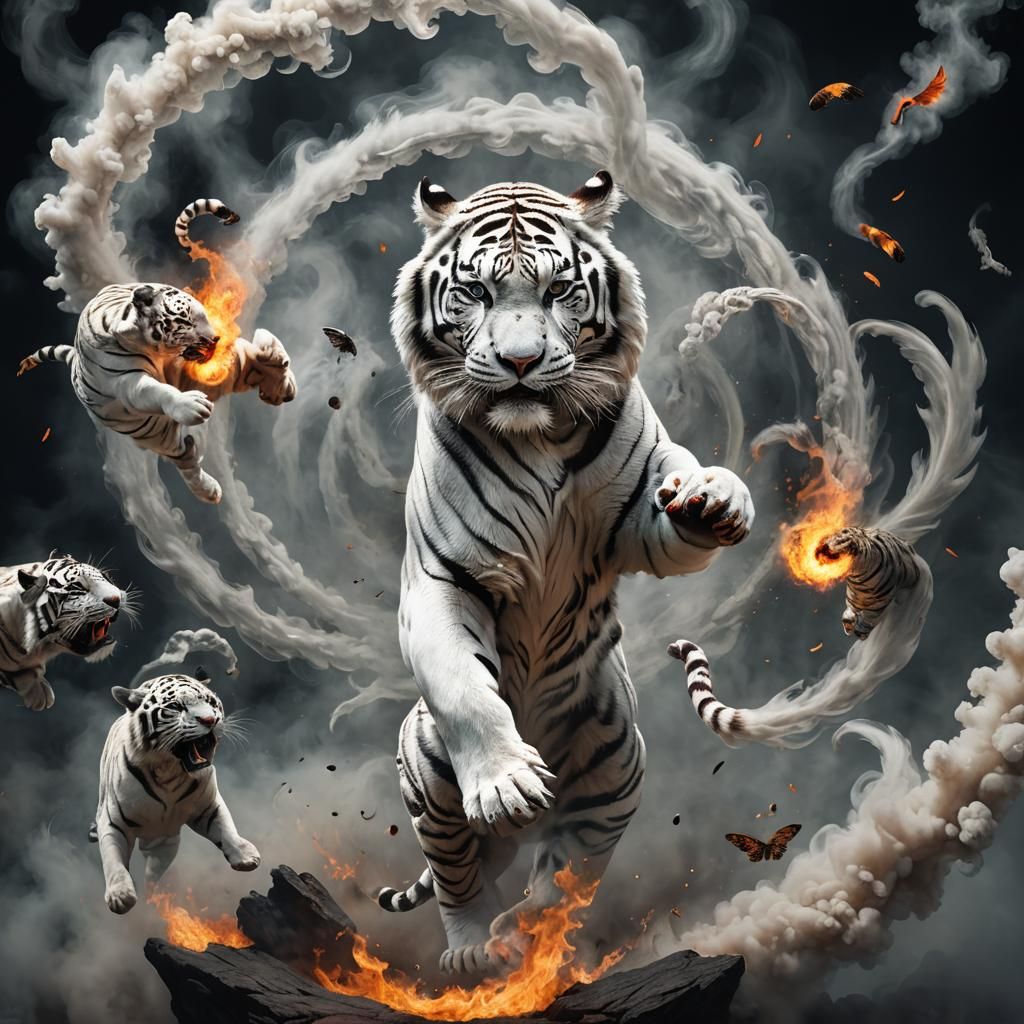 Smoky White Tiger Jumps Through Fire, Anime Style