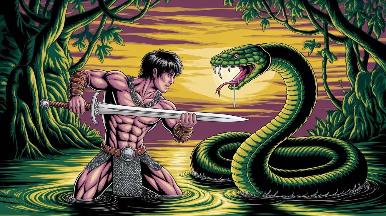 Jungle Warrior Confronts Serpent in Alcohol Ink Style