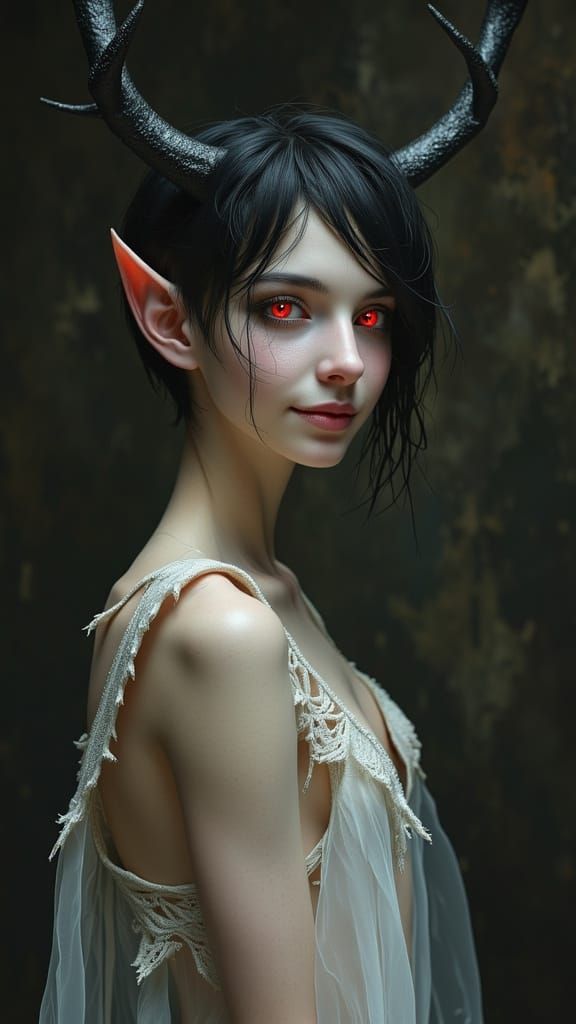 Hyperrealistic Portrait of Backdoor with Antlers and Red Eye...