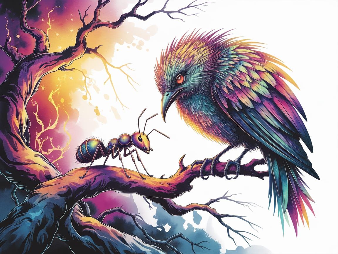 Ant and Bird: Romanticism Ink Wash Illustration