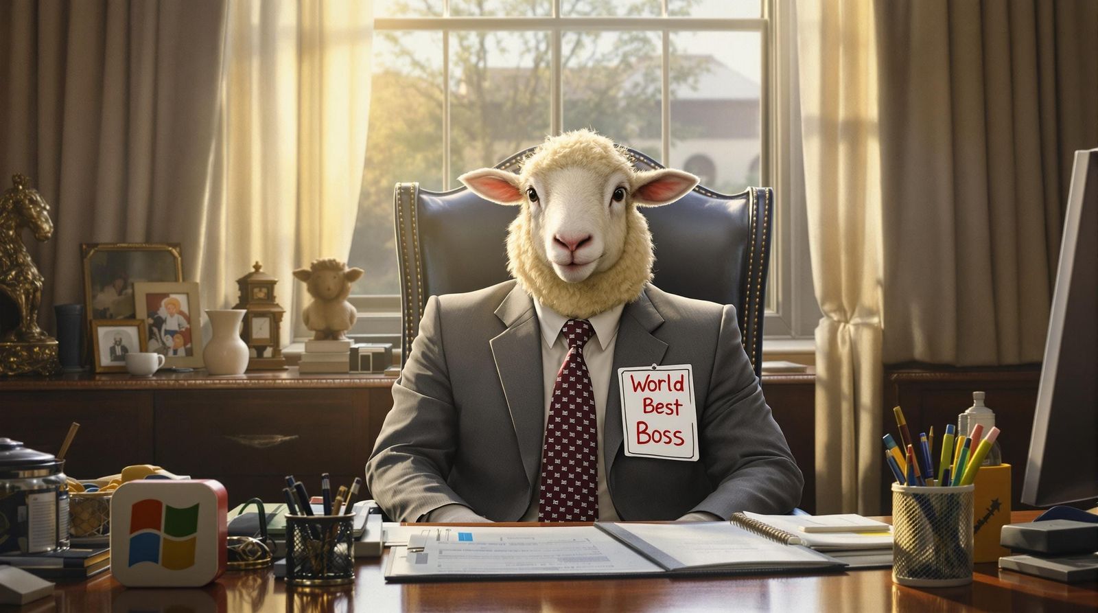 Sunny Office Portrait of a Happy Sheep in Michael Scott Atti...