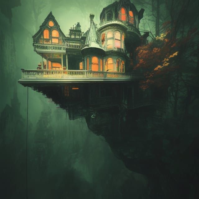 Psychedelic Victorian Mansion on Snowy Cliff