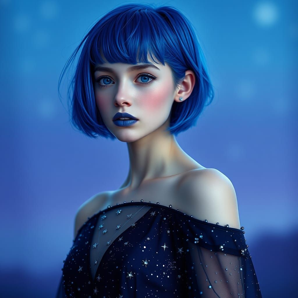 Blue-Haired Woman in Starry Gown, Fantasy Art